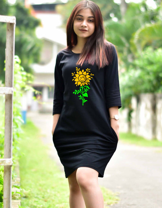 Sunflower Printed T-Shirt Dress For Women - 699.00 - TEEGURUJI - Free Shipping