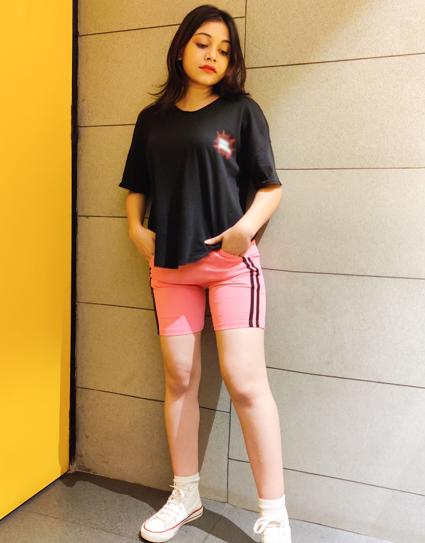 Pink cotton Shorts for women - black Strips